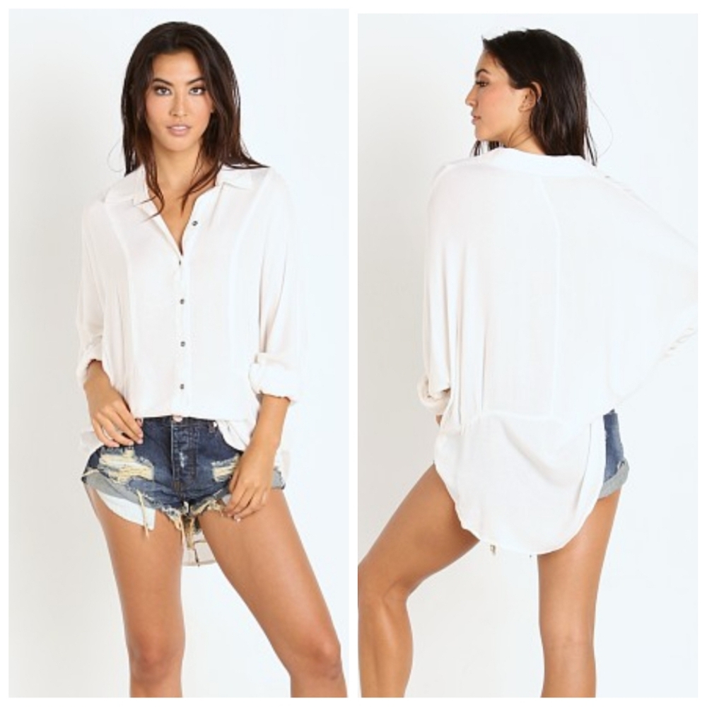 Free People Rayon Herringbone True Affection Buttondown Shirt